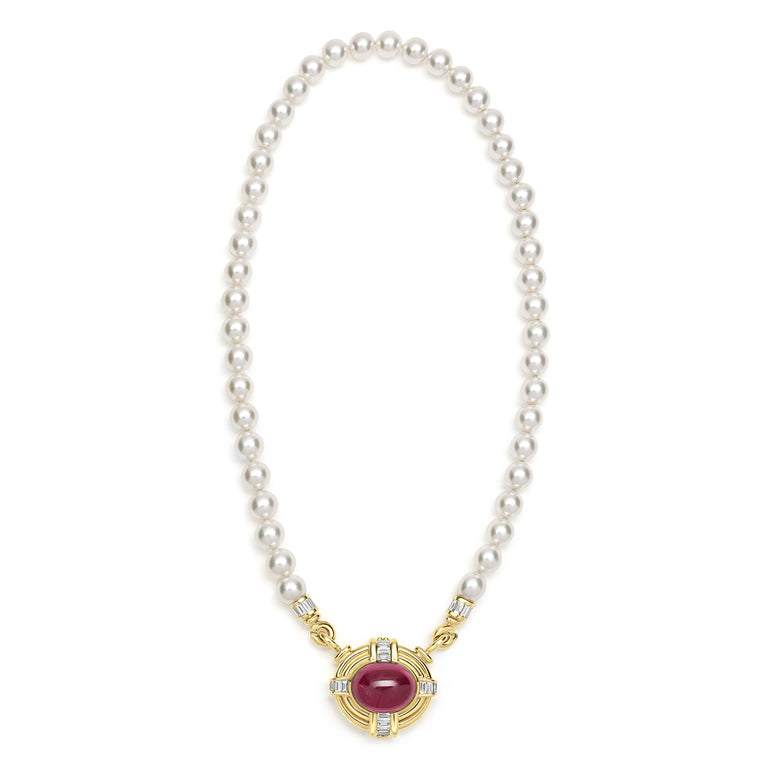 SML 18K Gold Rubellite Cabochon and Diamond Necklace