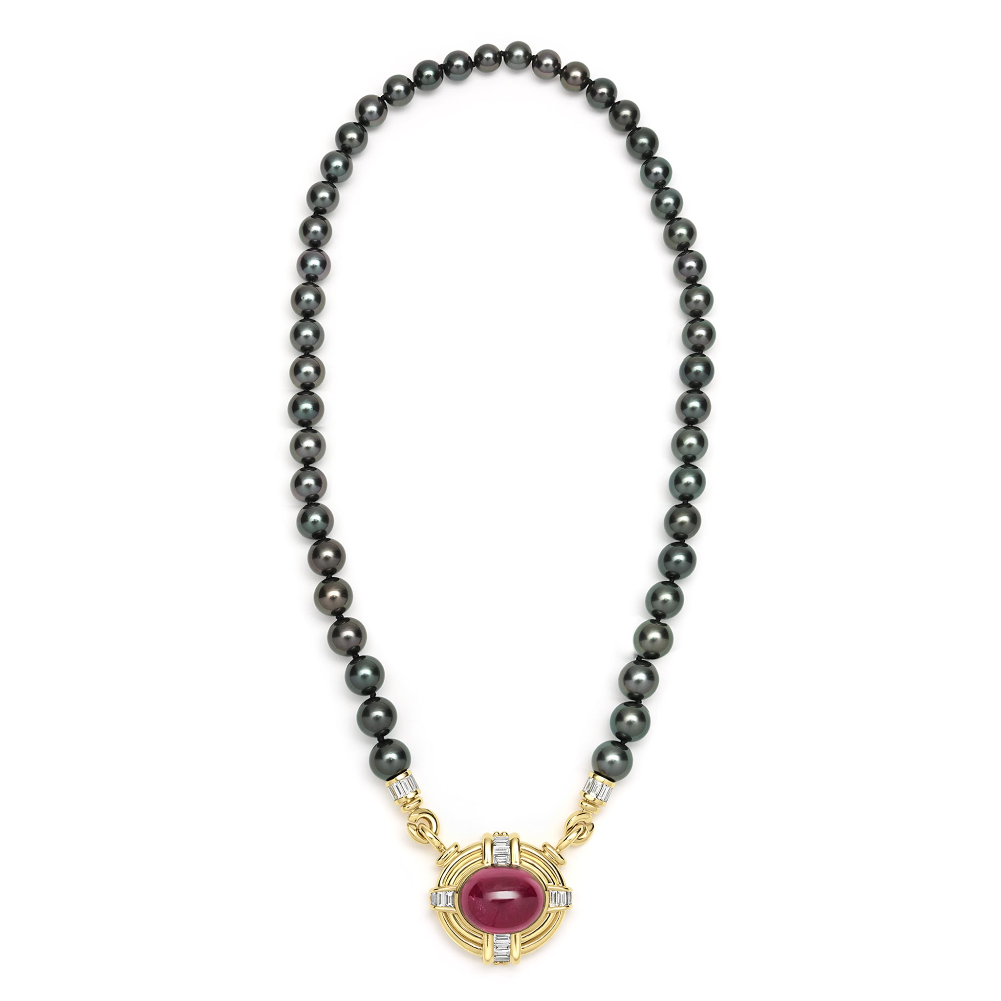 SML 18K Gold Rubellite Cabochon and Diamond Necklace