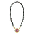 SML 18K Gold Rubellite Cabochon and Diamond Necklace
