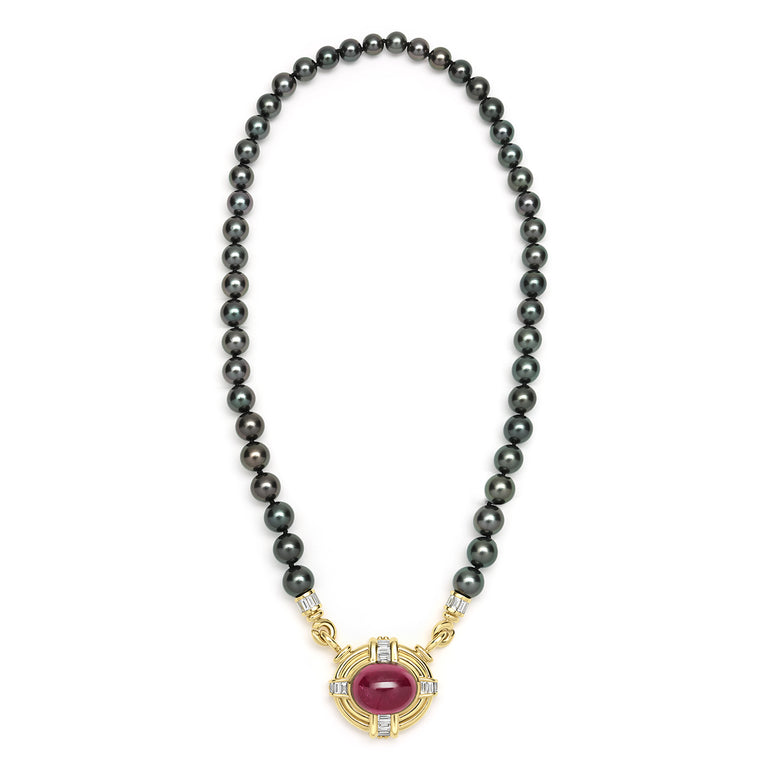 SML 18K Gold Rubellite Cabochon and Diamond Necklace