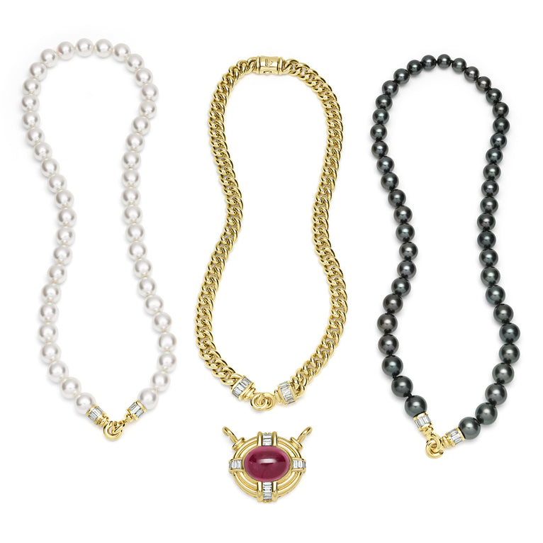 SML 18K Gold Rubellite Cabochon and Diamond Necklace