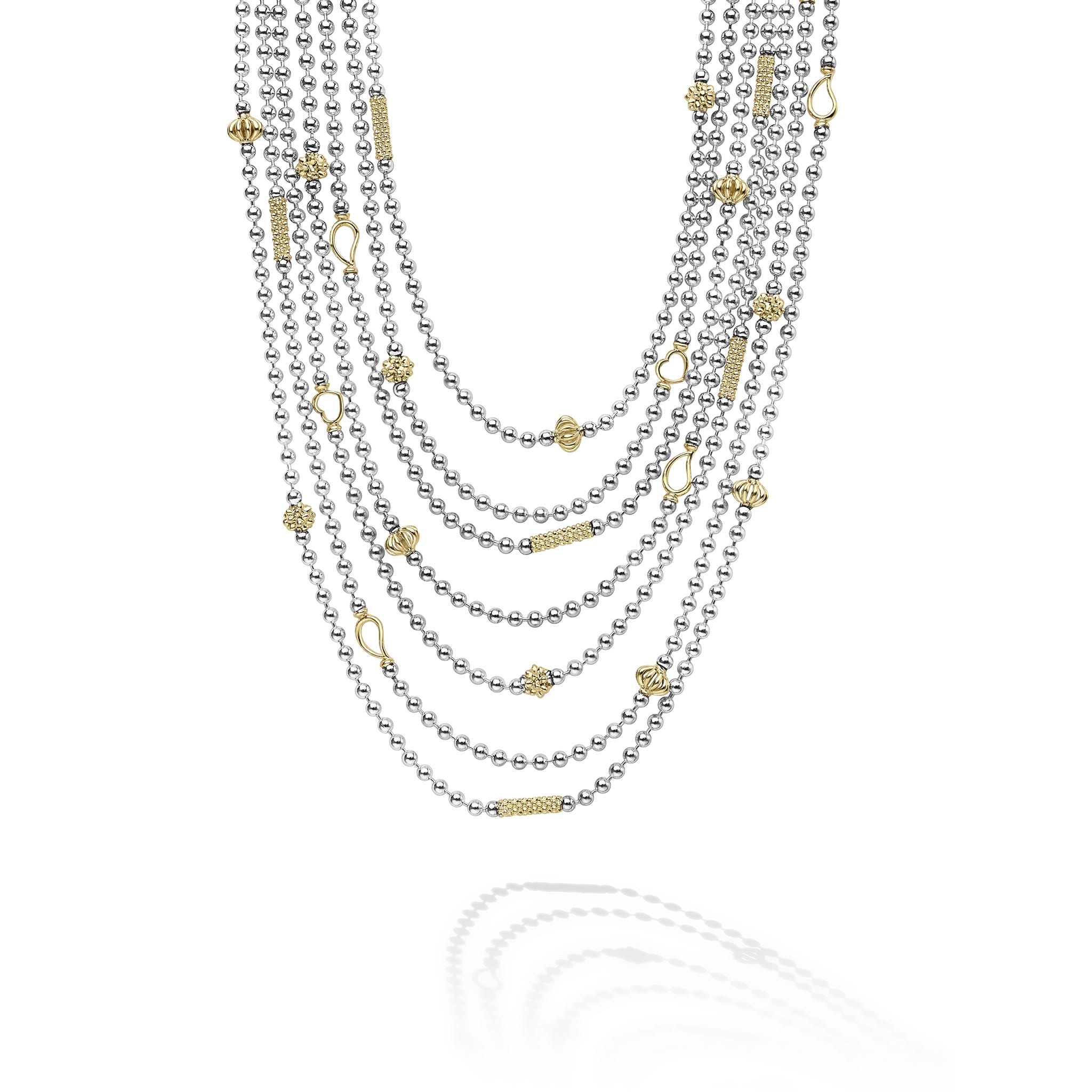 Closeup view of Two-Toned Caviar Five Row Strand Necklace