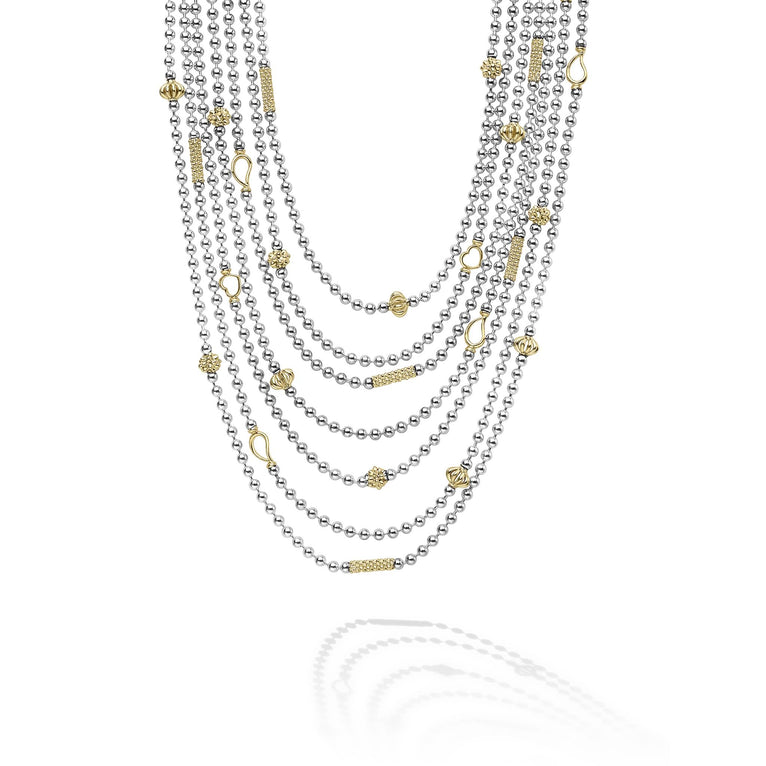 Closeup view of Two-Toned Caviar Five Row Strand Necklace