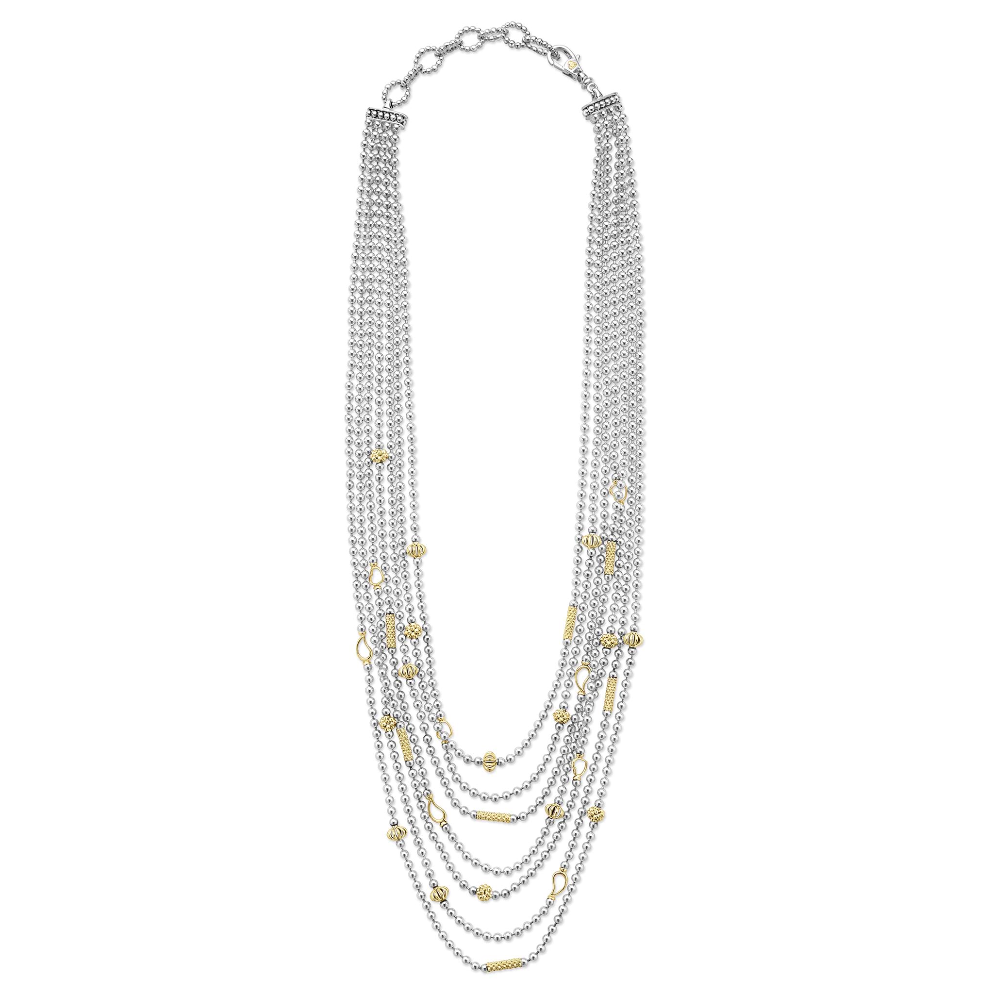 Full view of the Two-Toned Caviar Five Row Strand Necklace