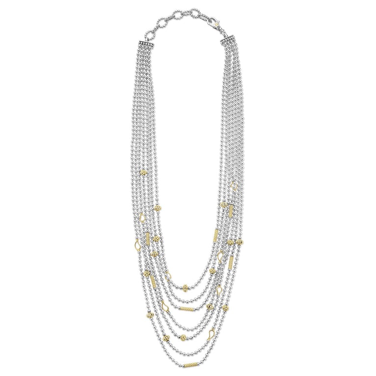 Full view of the Two-Toned Caviar Five Row Strand Necklace