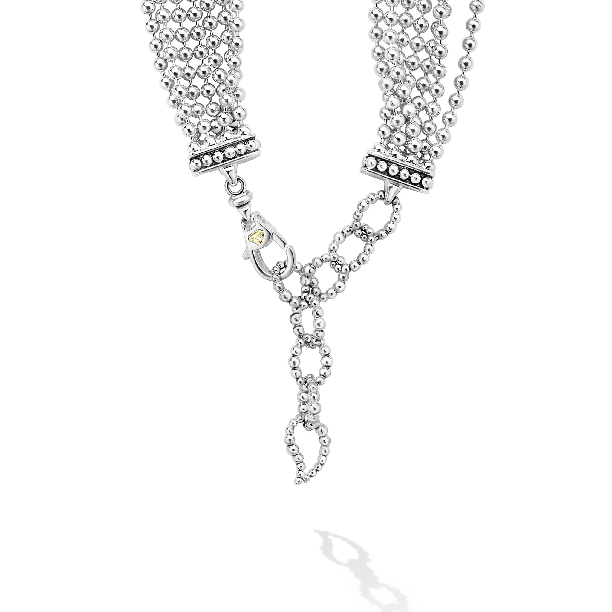 Clasp view of the Two-Toned Caviar Five Row Strand Necklace