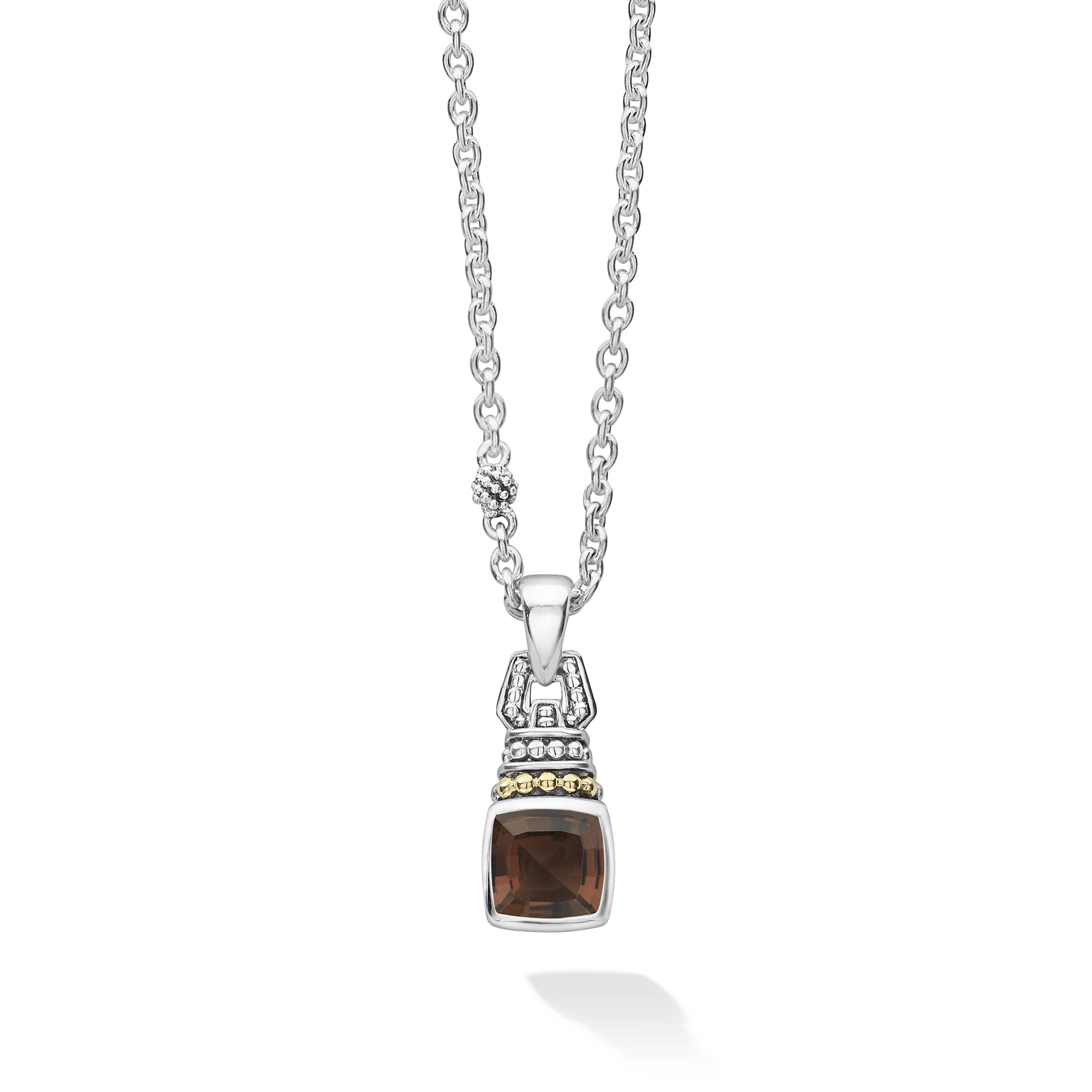 Smokey quartz drop pendant necklace with 18K gold and sterling Caviar beading. Necklace adjusts from 16 to 18 inches for added versatility.