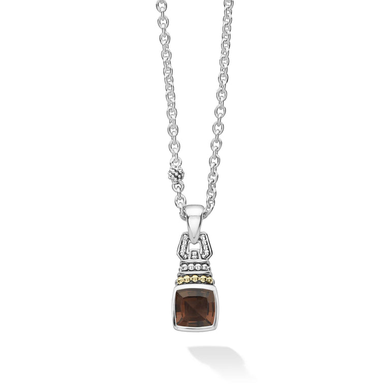 Smokey quartz drop pendant necklace with 18K gold and sterling Caviar beading. Necklace adjusts from 16 to 18 inches for added versatility.