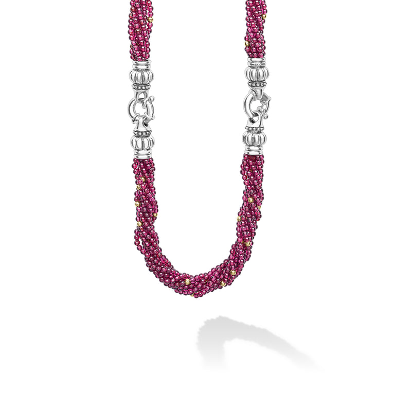 Caviar Icon  Sterling Silver and 18K Gold Garnet Beaded Necklace