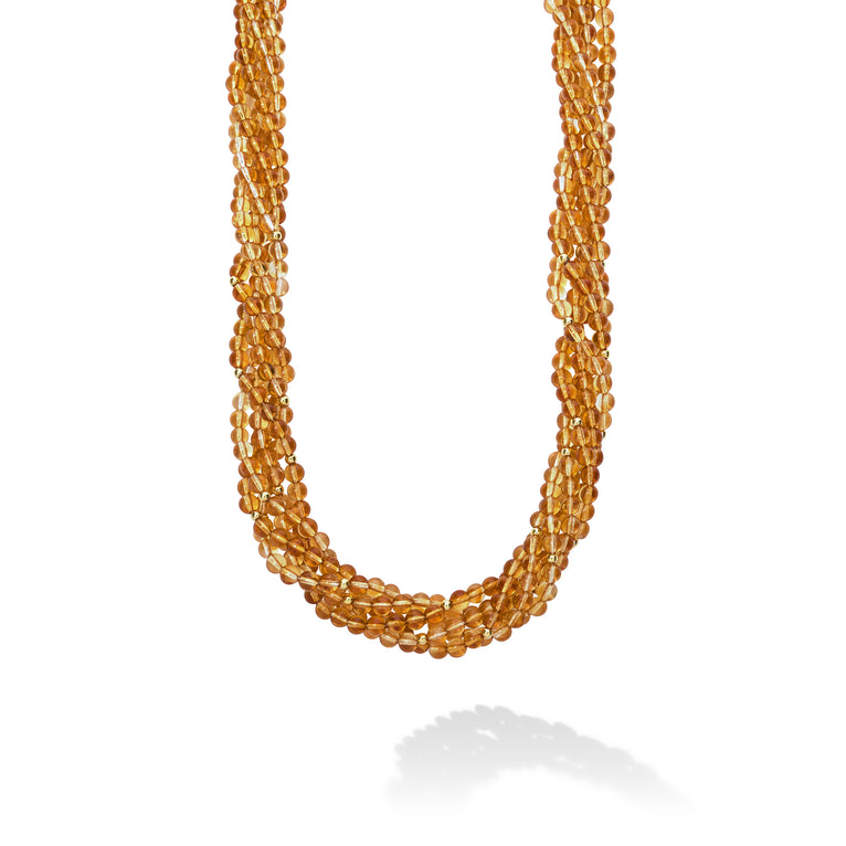 Caviar Color Citrine and 18k Gold Beaded Torsade Five Strand Necklace