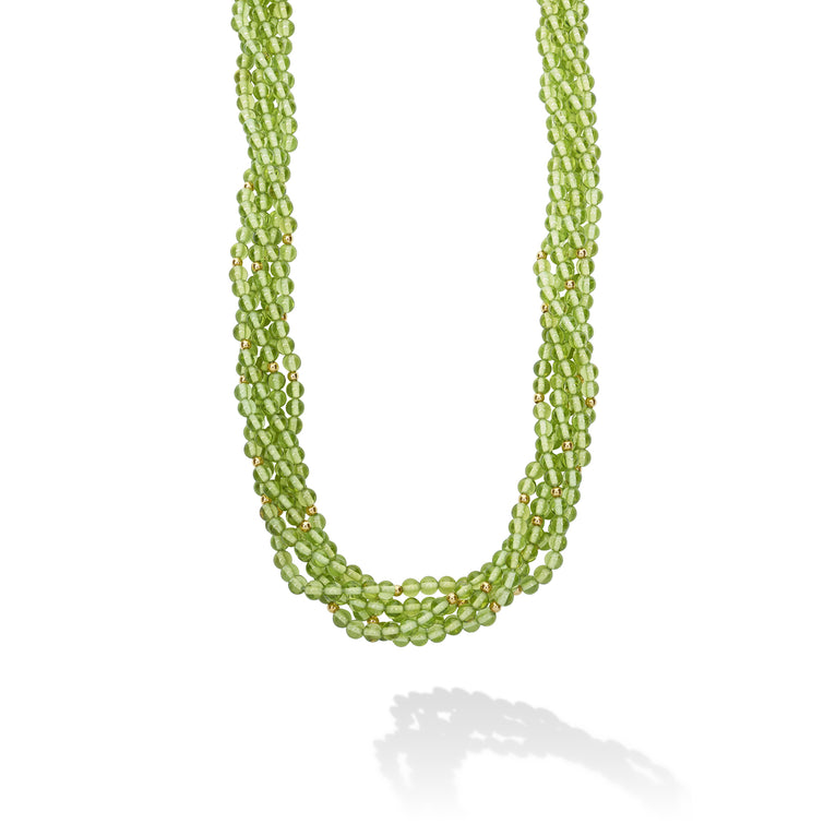Caviar Color Peridot and 18k Gold Beaded Torsade Five Strand Necklace