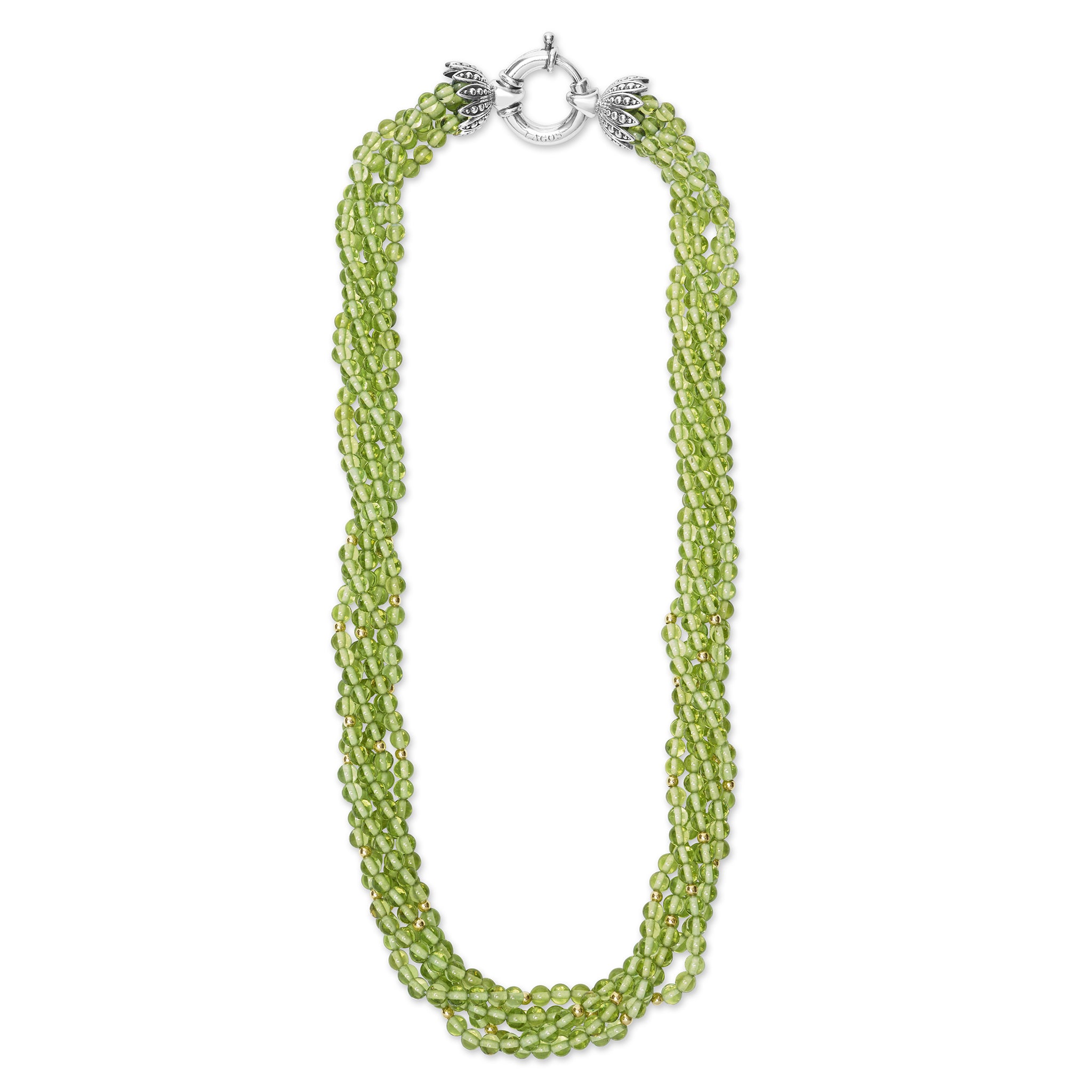 Caviar Color Peridot and 18k Gold Beaded Torsade Five Strand Necklace