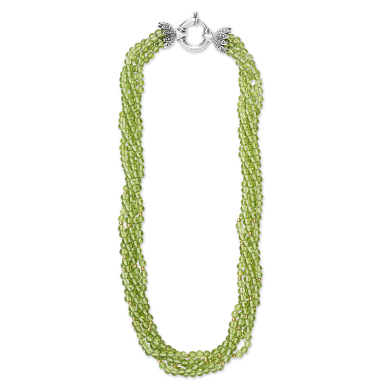 Caviar Color Peridot and 18k Gold Beaded Torsade Five Strand Necklace
