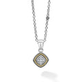 A LAGOS exclusive. A diamond station surrounded by sterling silver and 18K gold Caviar beading forms this pendant necklace. LAGOS diamonds are the highest quality natural stones.
