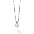 A cultured freshwater pearl surrounded by sterling silver and 18K gold. Necklace adjusts from 16 to 18 inches.