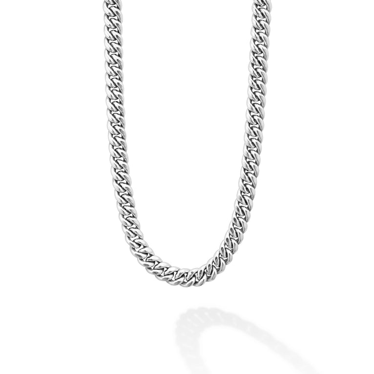 Smooth sterling silver forms this bold curb chain necklace. Length available in 20, 22, 24, and 26 inches.