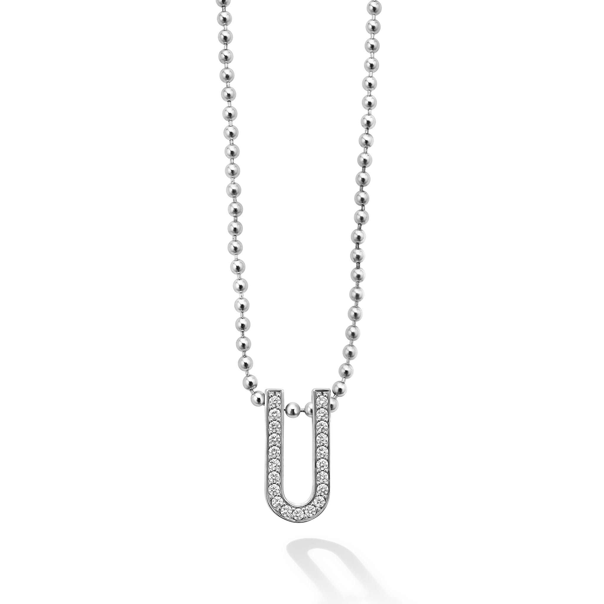 A linear diamond motif surrounded by smooth sterling silver on a Caviar beaded chain necklace. LAGOS diamonds are the highest quality natural stones.