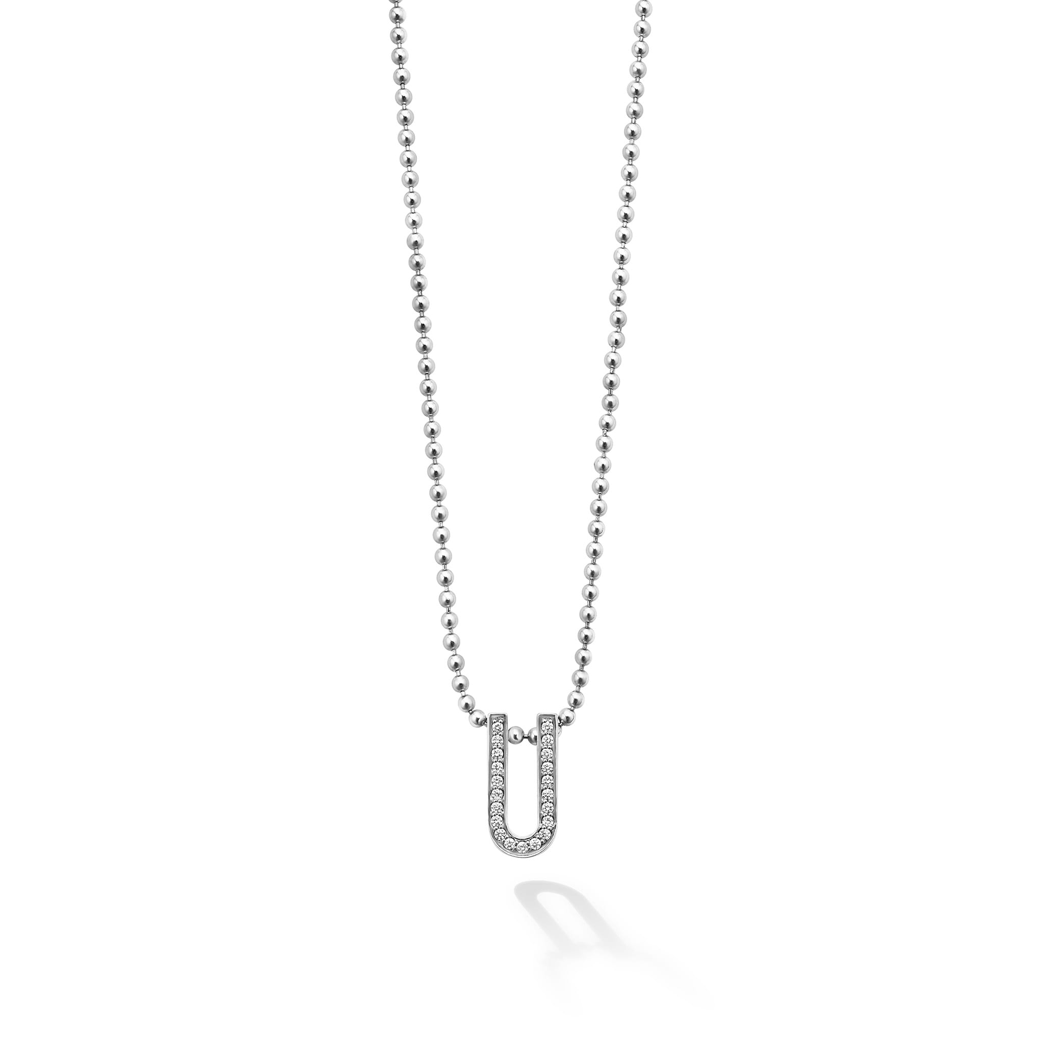 A linear diamond motif surrounded by smooth sterling silver on a Caviar beaded chain necklace. LAGOS diamonds are the highest quality natural stones.