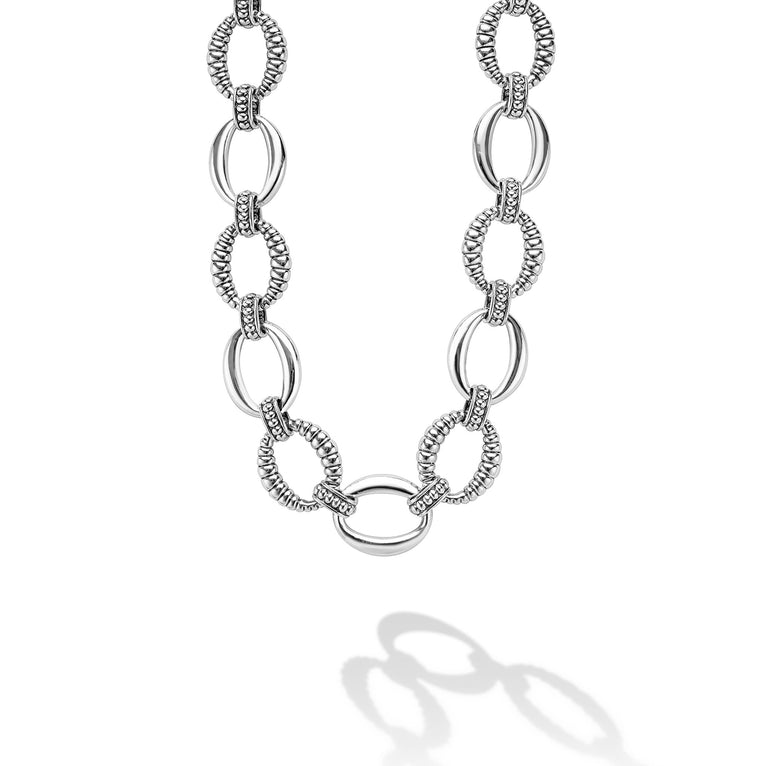 Signature Caviar Sterling Silver Oval Fluted Link Necklace featuring alternating smooth and beaded 18mm oval links, showcasing modern sculptural texture and dimension.