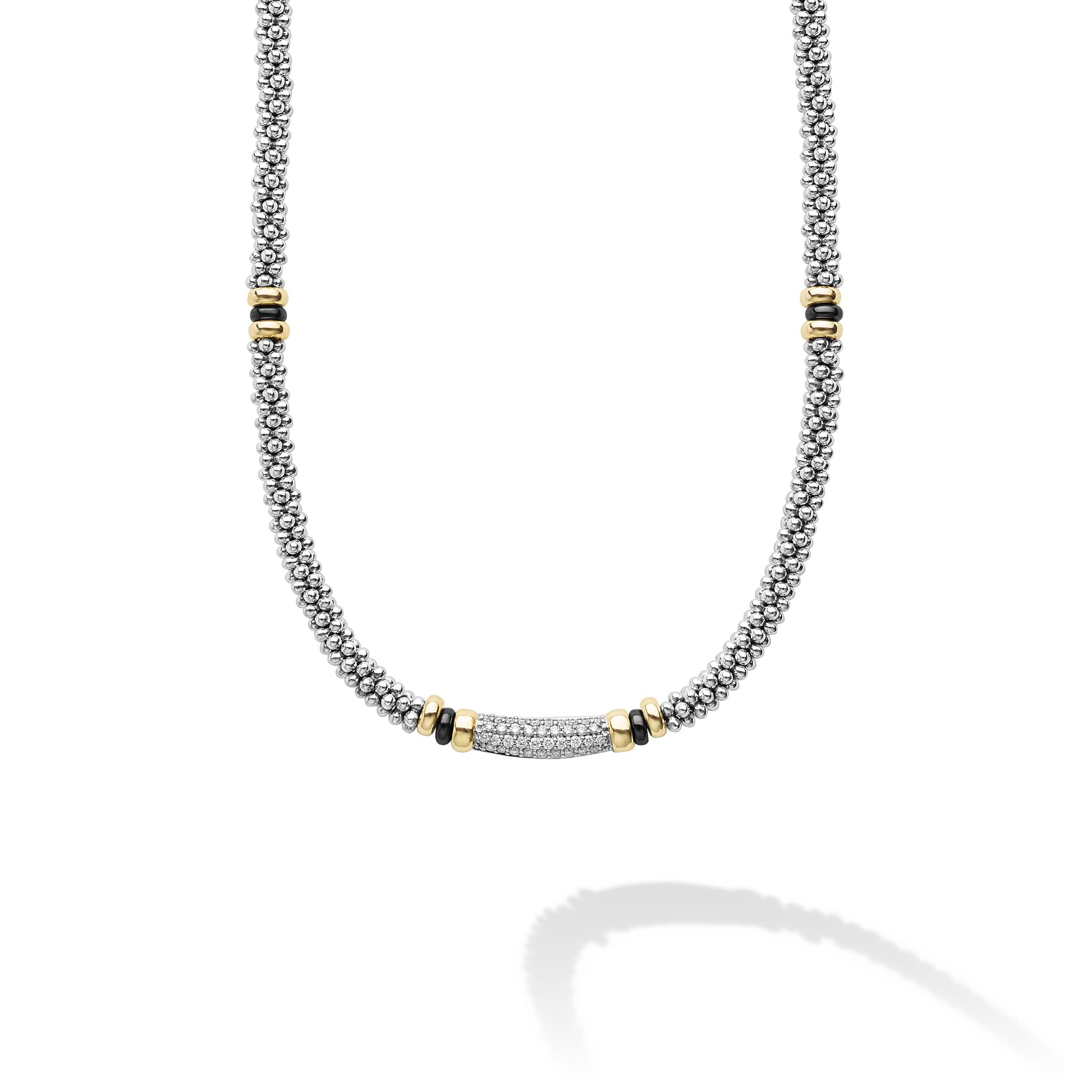 sterling silver beaded statement necklace with black ceramic and gold stations and diamond details