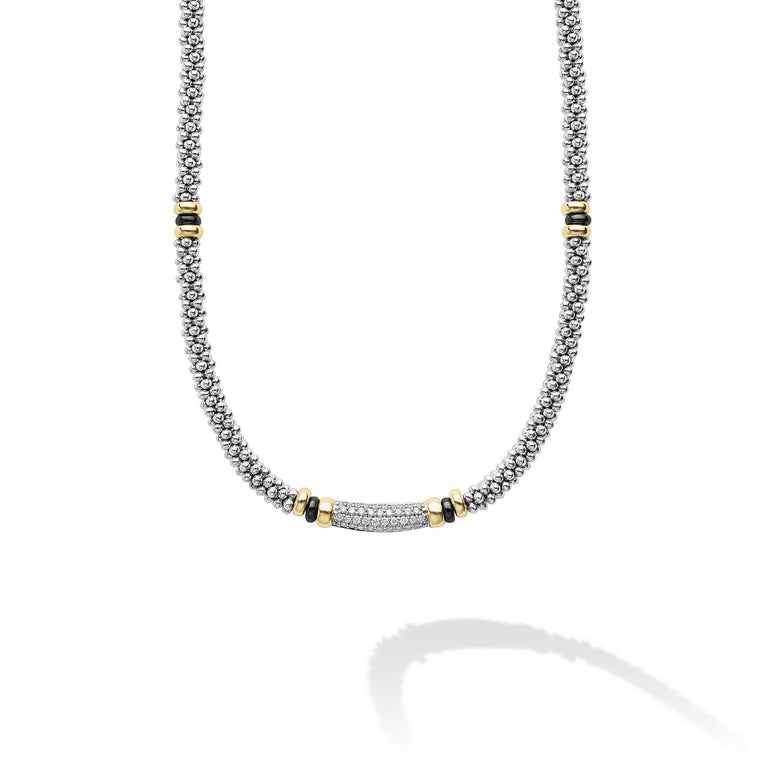 sterling silver beaded statement necklace with black ceramic and gold stations and diamond details