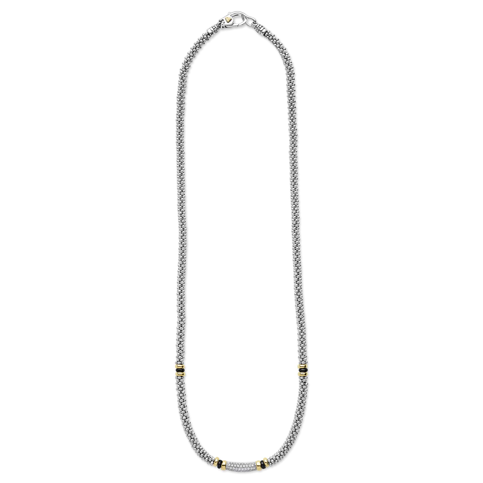 whole sterling silver beaded statement necklace with black ceramic and gold stations and diamonds