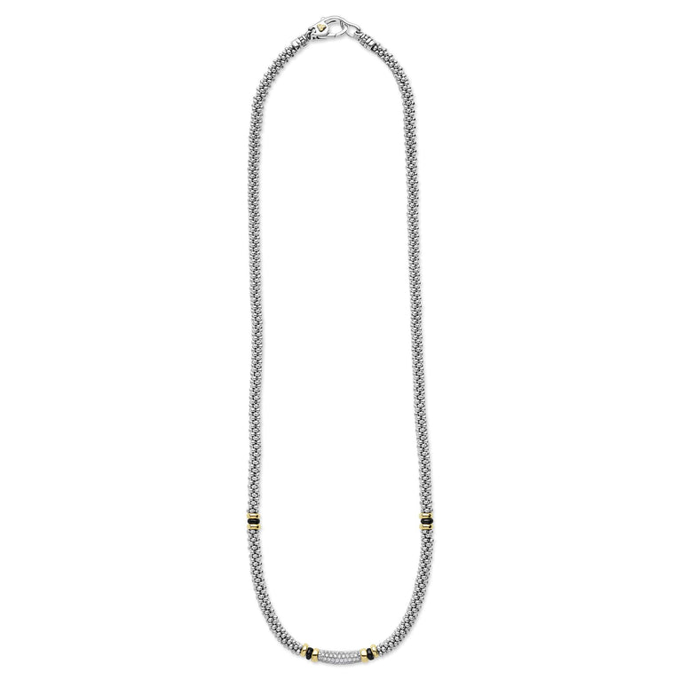 whole sterling silver beaded statement necklace with black ceramic and gold stations and diamonds