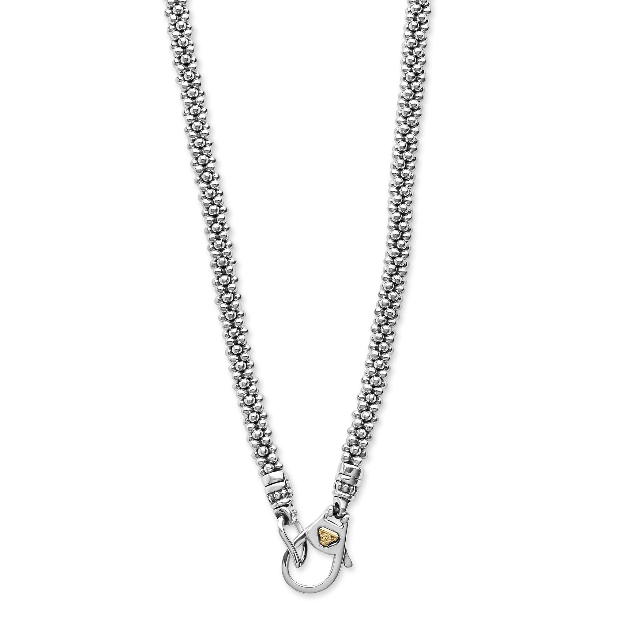 clasp of sterling silver beaded statement necklace with black ceramic and gold stations and diamonds