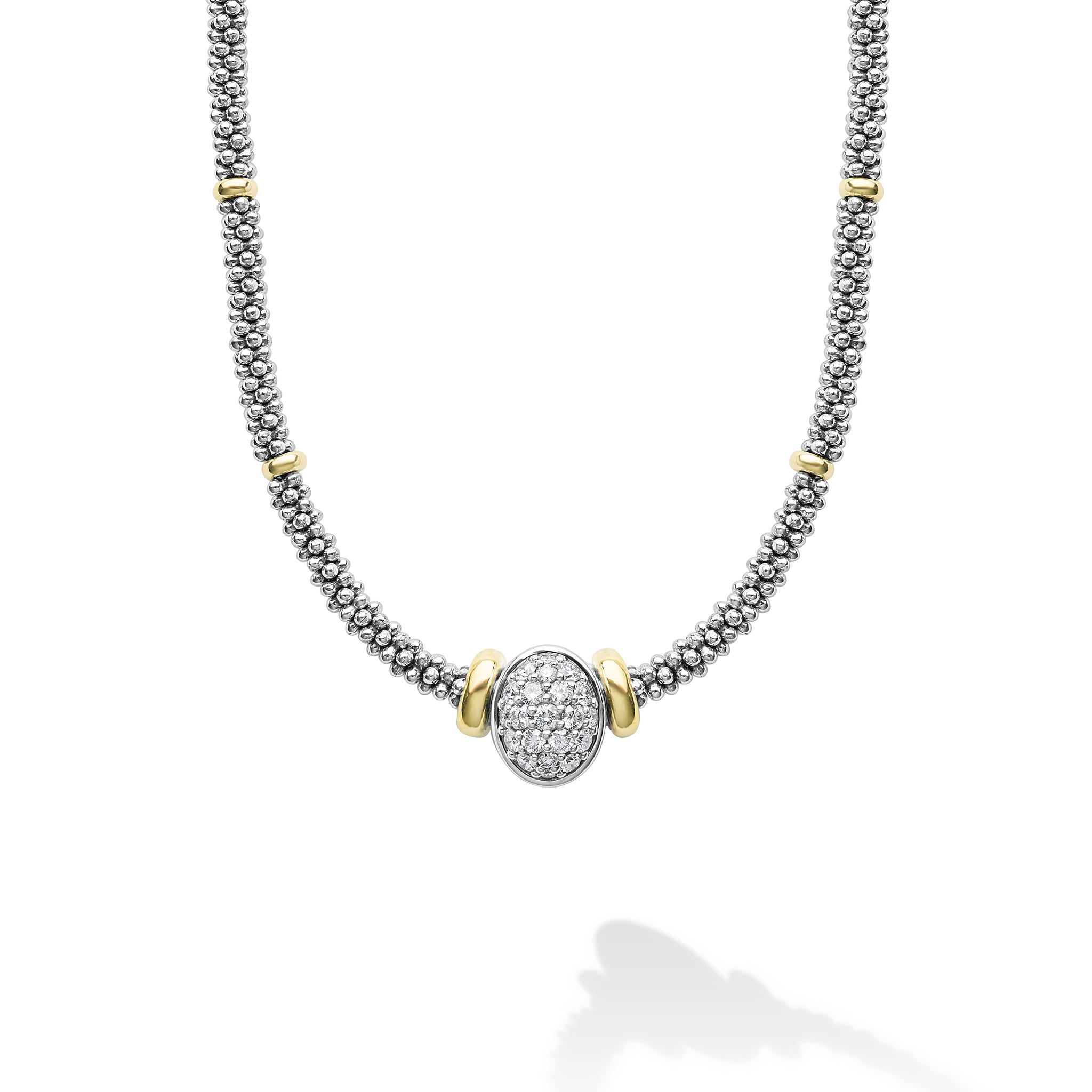 sterling silver beaded diamond oval statement necklace with gold stations