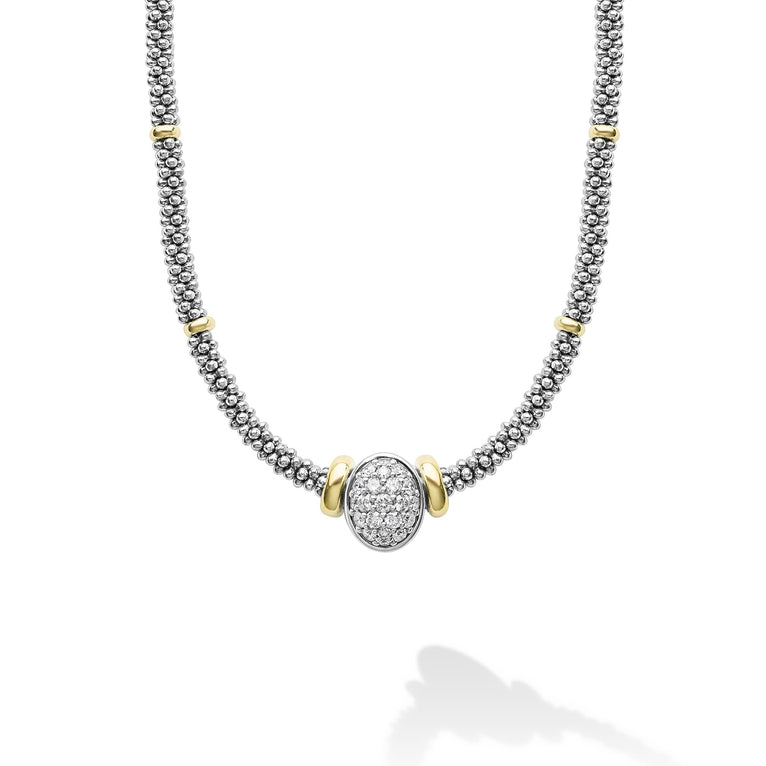 sterling silver beaded diamond oval statement necklace with gold stations