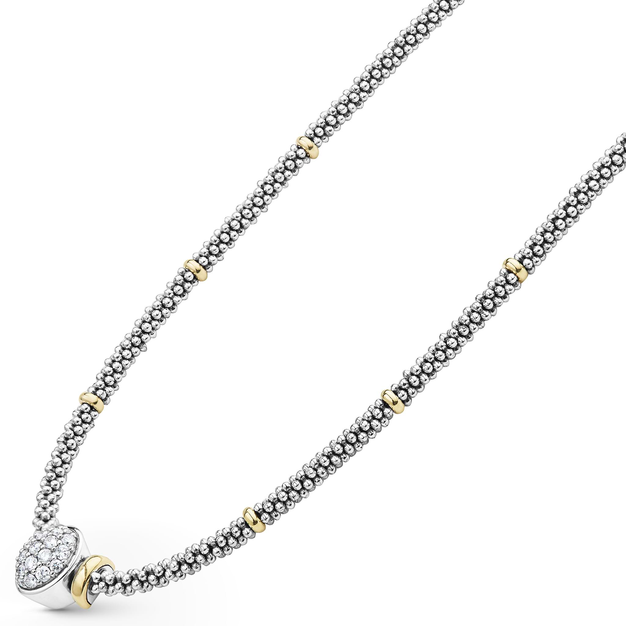 side sterling silver beaded diamond oval statement necklace with gold stations and clasp