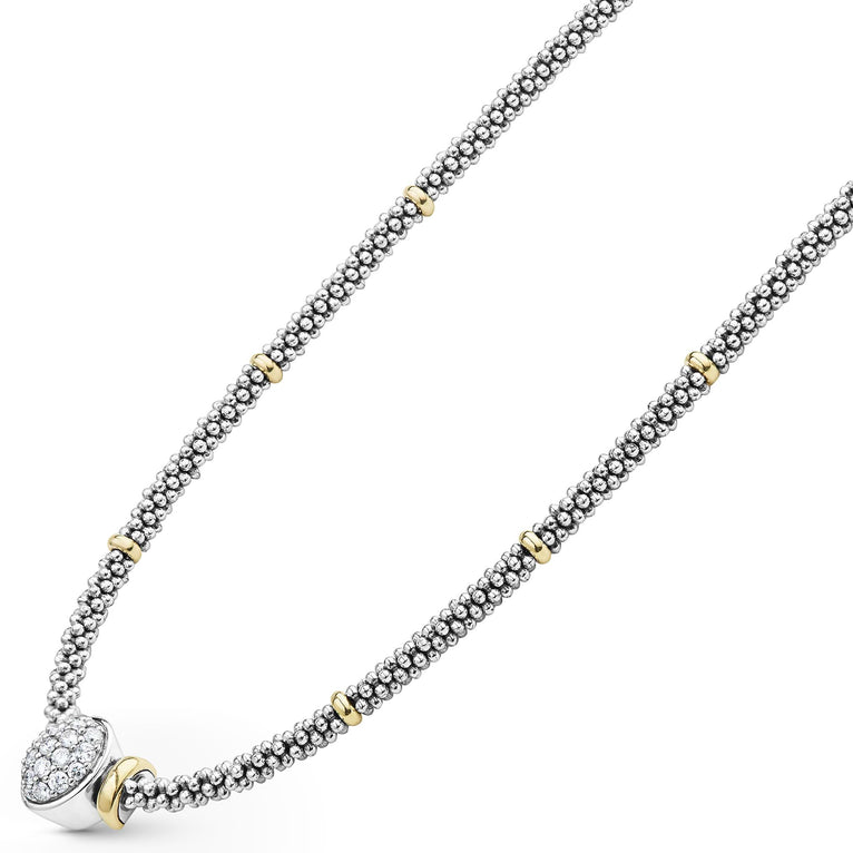 side sterling silver beaded diamond oval statement necklace with gold stations and clasp