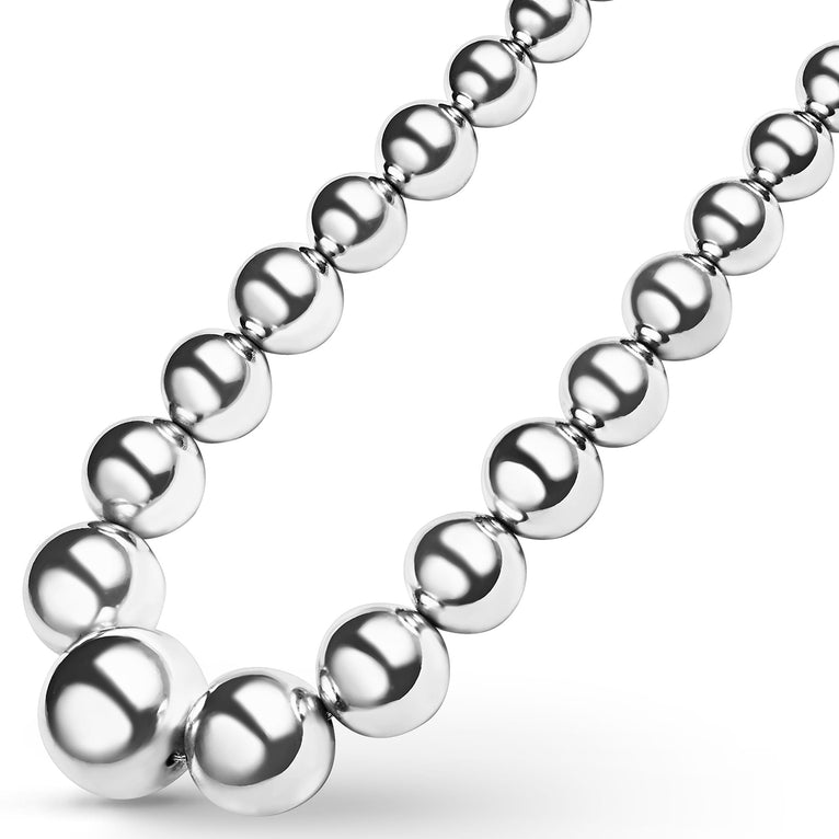 side of bold sterling silver necklace beads grow from small to extra-large