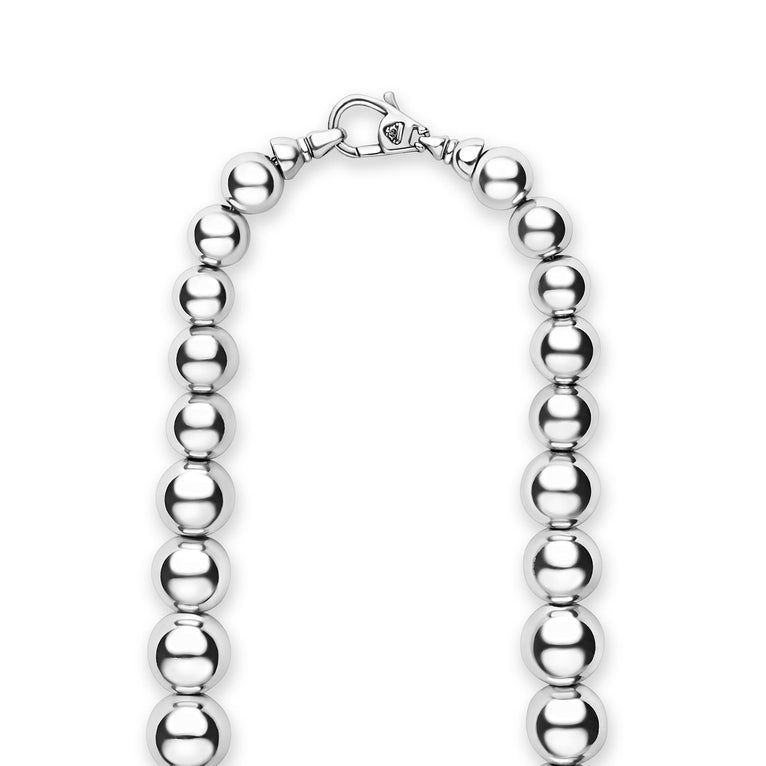 clasp of bold sterling silver necklace beads grow from small to extra-large