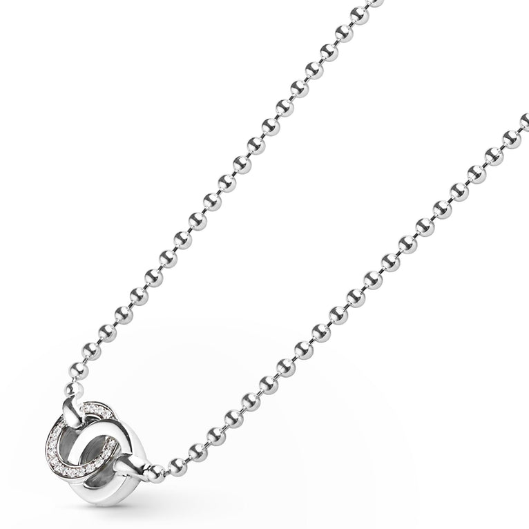 Signature Caviar Silver Interlocking Diamond Pendant Necklace featuring small linked metal spheres and a circular pendant adorned with tiny clear stones, exuding elegance and craftsmanship.