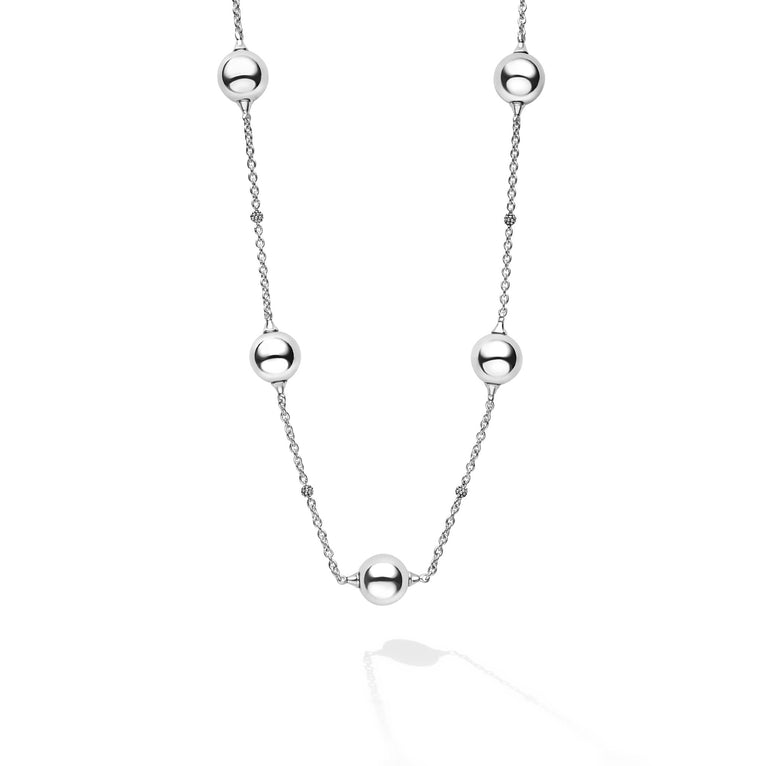 Caviar Bubbly Silver Beaded Station Necklace in sterling silver with polished beads and pavé accents, showcasing LAGOS craftsmanship and elegance for versatile styling.