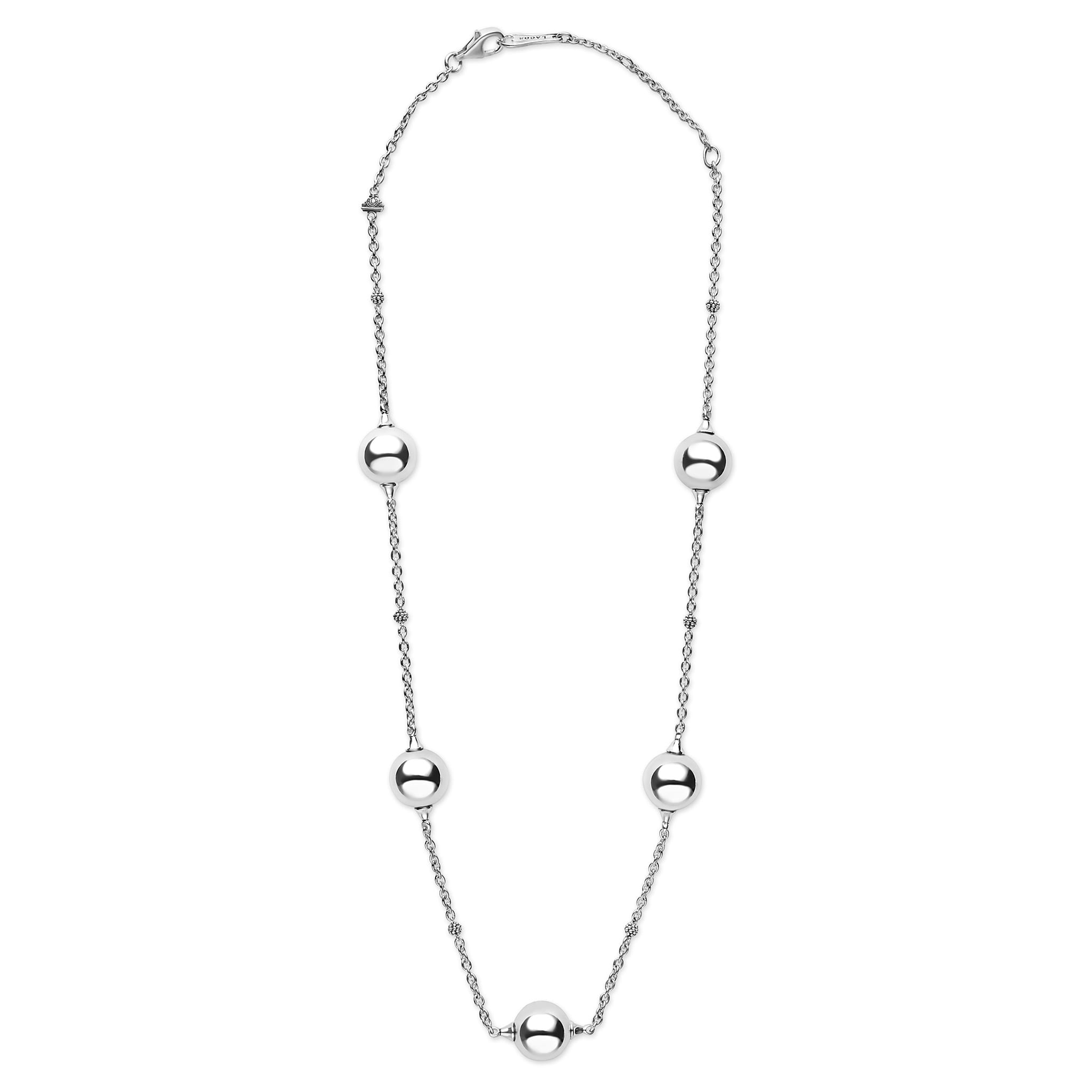 Caviar Bubbly Silver Beaded Station Necklace in sterling silver, featuring polished round beads and caviar beading accents on a delicate chain with a lobster clasp.