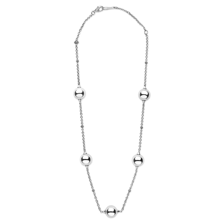 Caviar Bubbly Silver Beaded Station Necklace in sterling silver, featuring polished round beads and caviar beading accents on a delicate chain with a lobster clasp.