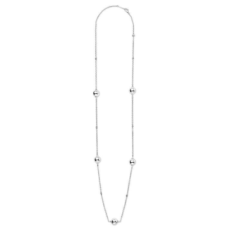 Silver necklace with small beads on a white background