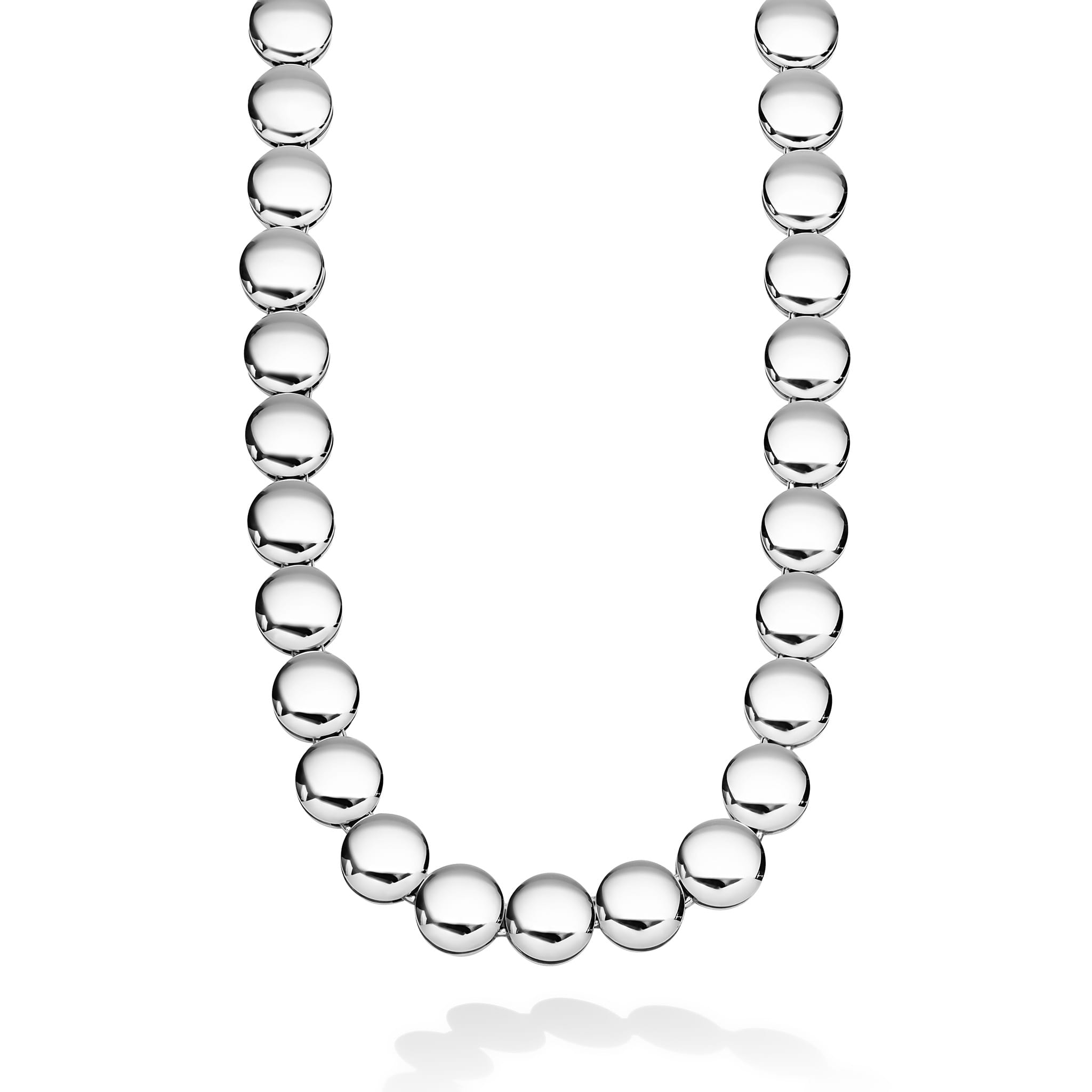 Caviar Bubbly Sterling Silver Disc Necklace featuring polished disc beads in a U-shape, reflecting light elegantly, showcasing LAGOS's commitment to quality and timeless design.