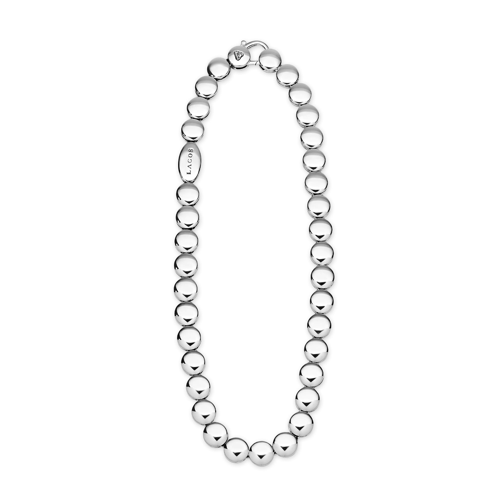 Caviar Bubbly Sterling Silver Disc Necklace featuring polished sterling silver spheres, lobster-claw clasp, and LAGOS tag, offering minimalist elegance and sculptural design.