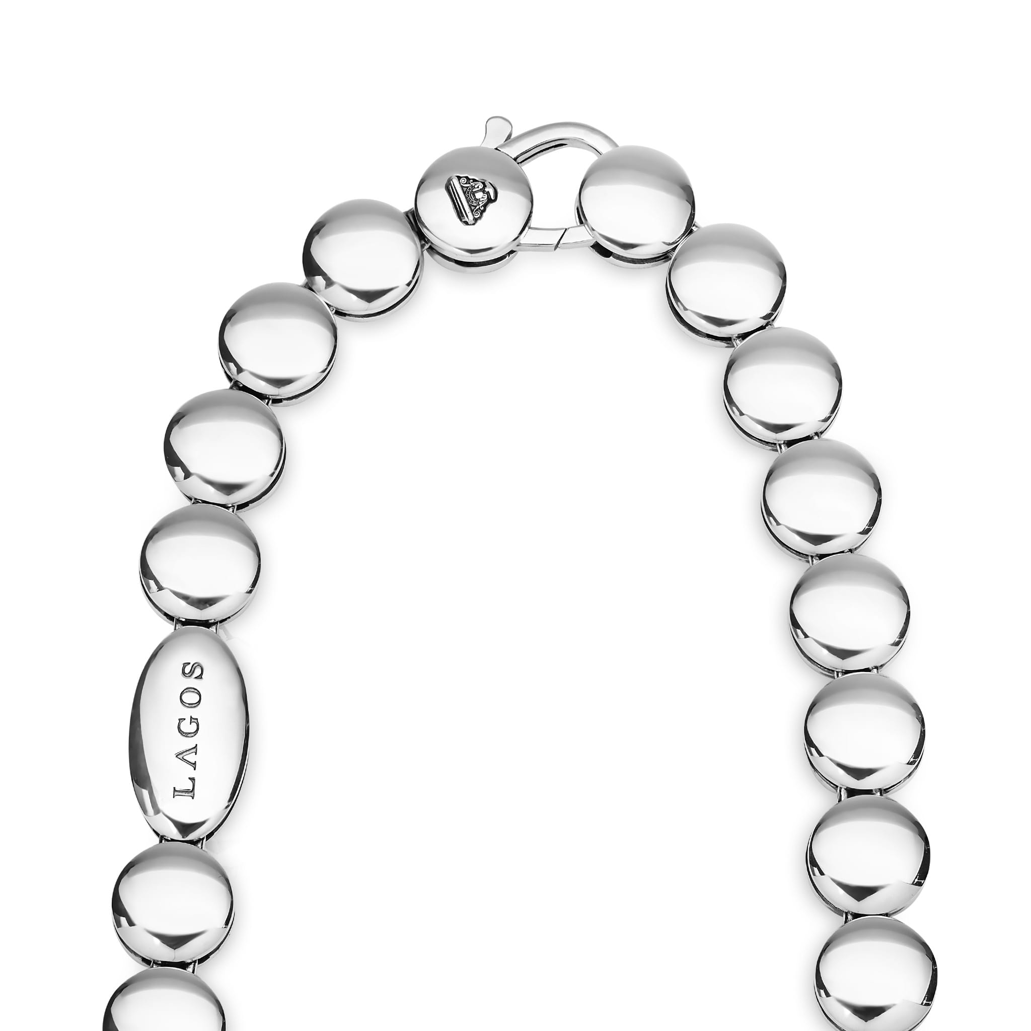 Caviar Bubbly Sterling Silver Disc Necklace featuring polished disc links with a reflective finish and LAGOS maker's stamp, offering minimalist elegance in a 16-inch design.