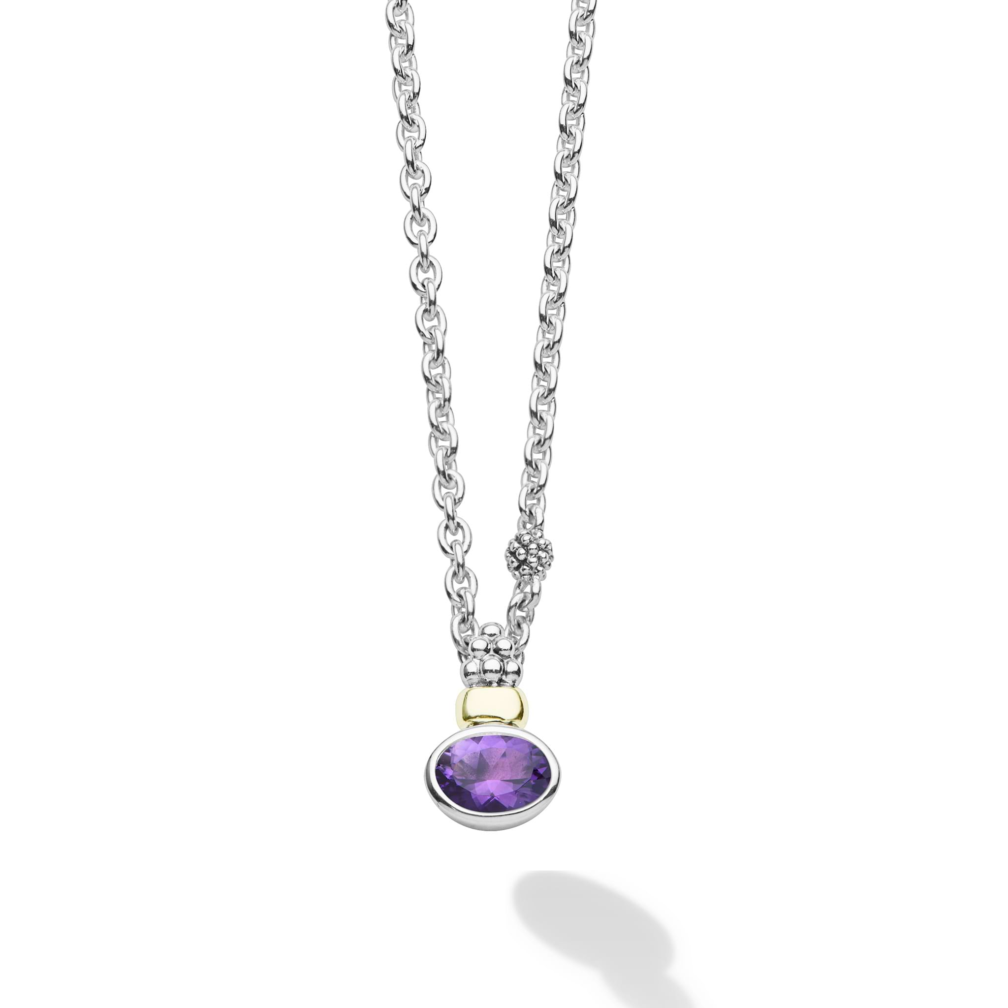 Signature Caviar Two-Tone Amethyst Oval Pendant Necklace featuring a faceted purple gemstone with 18K gold accents and sterling silver caviar beading on an adjustable chain.