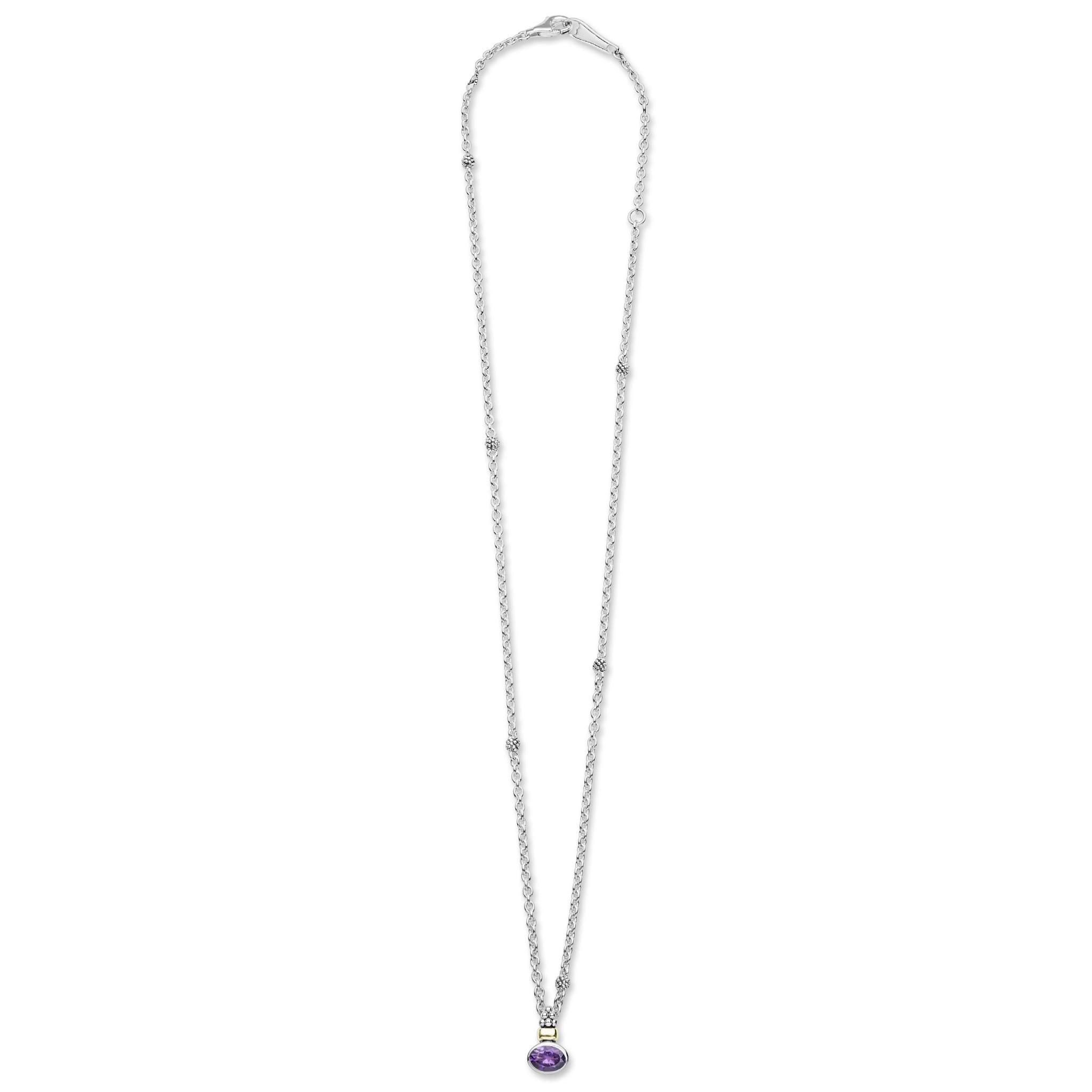 Signature Caviar Two-Tone Amethyst Oval Pendant Necklace features a sterling silver chain with 18K gold accents, adorned with a bezel-set amethyst and caviar beading.