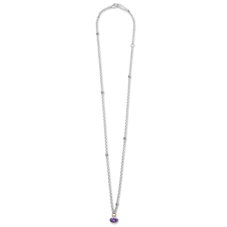 Signature Caviar Two-Tone Amethyst Oval Pendant Necklace features a sterling silver chain with 18K gold accents, adorned with a bezel-set amethyst and caviar beading.