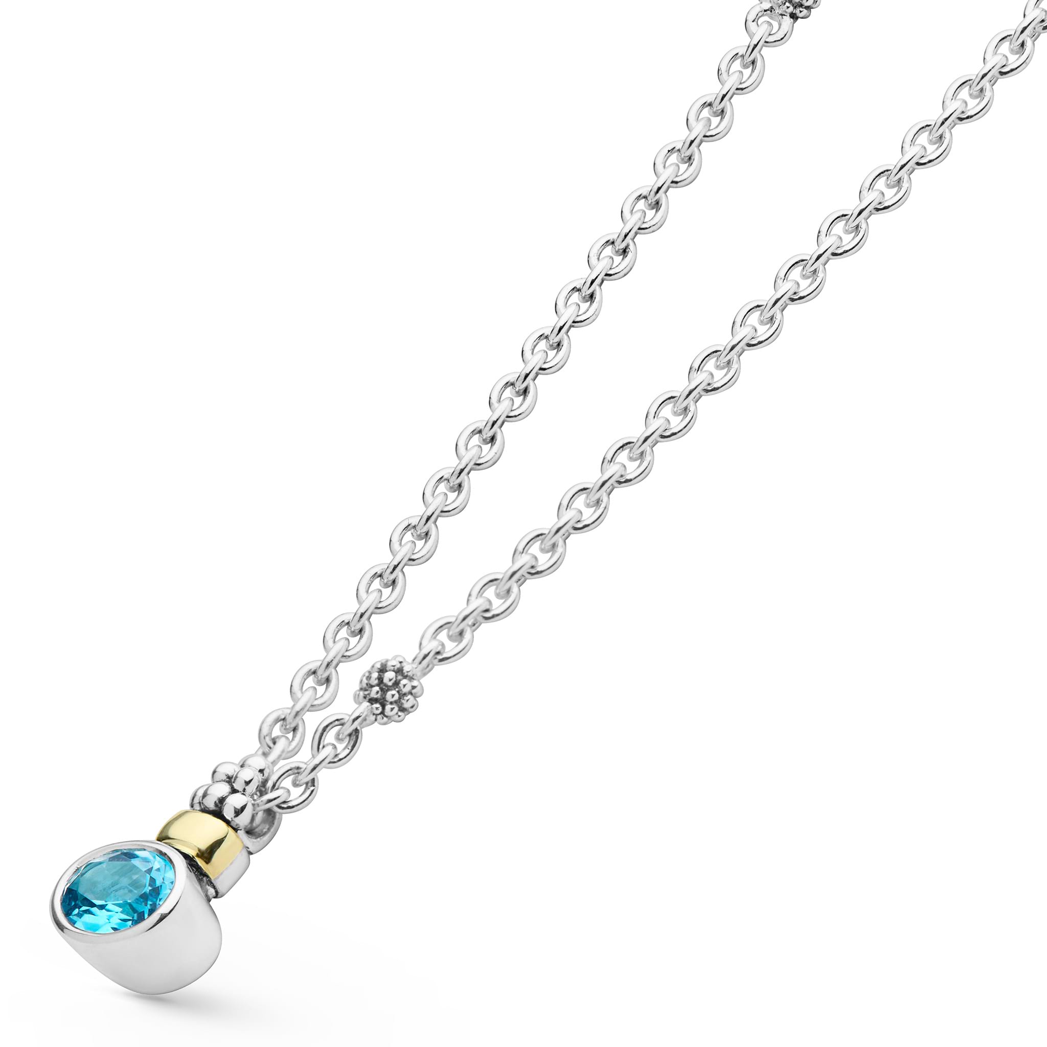 Signature Caviar Two-Tone Swiss Blue Topaz Oval Pendant Necklace in sterling silver with an 18K gold accent, featuring a blue topaz stone and bead-cluster chain.
