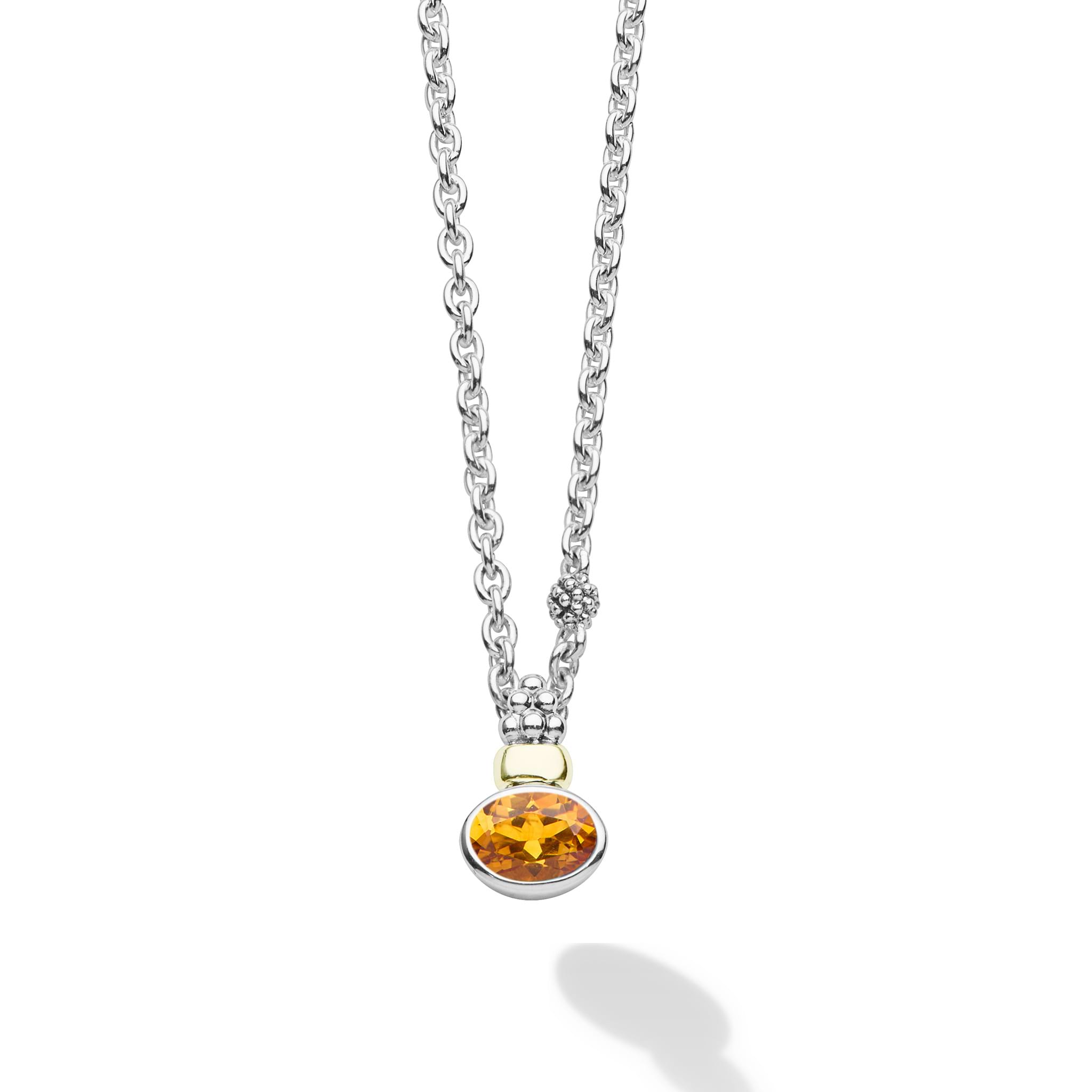 Signature Caviar Two-Tone Citrine Oval Pendant Necklace with faceted citrine gemstone, sterling silver chain, 18K gold accents, and caviar beading.
