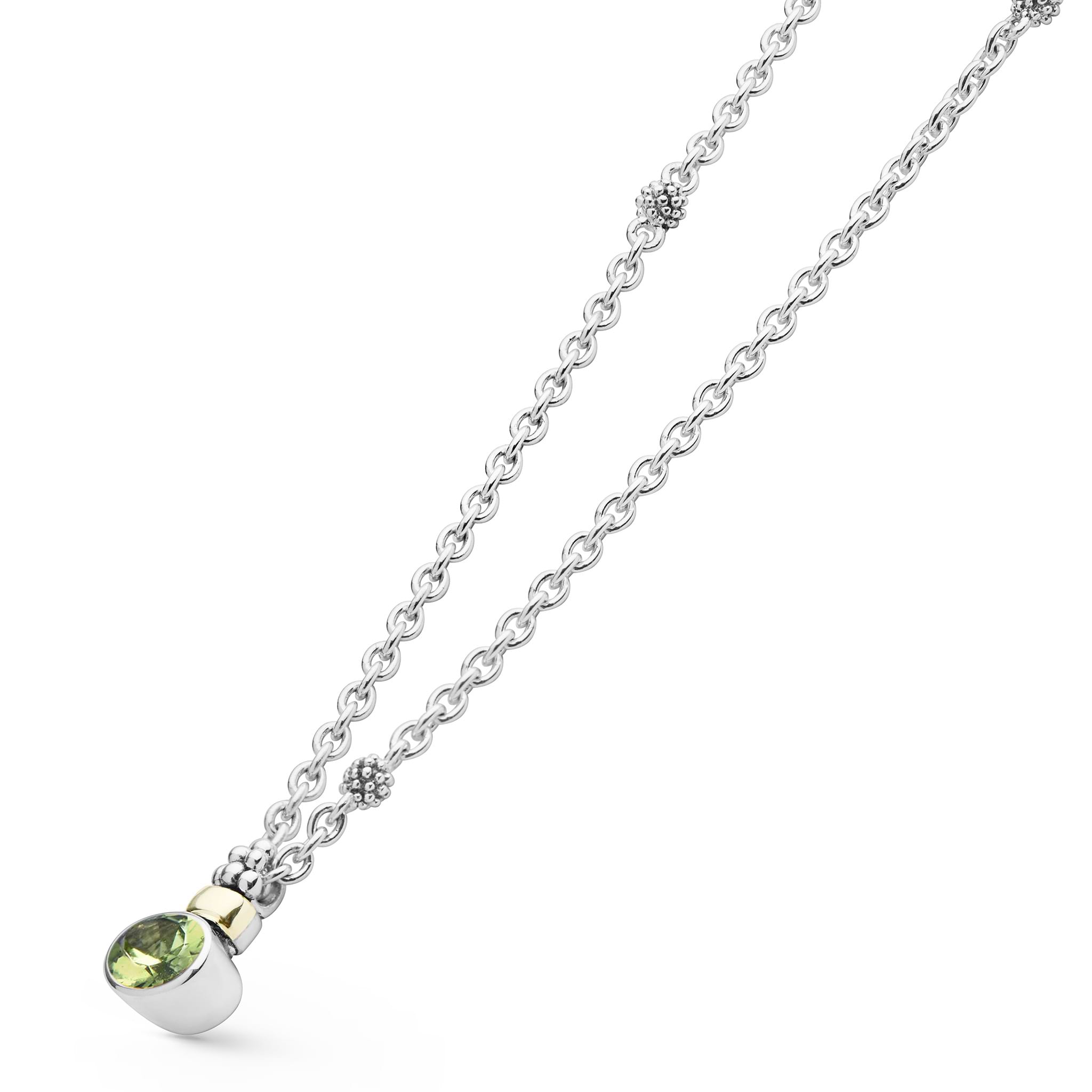 Signature Caviar Two-Tone Peridot Oval Pendant Necklace featuring a faceted green gemstone in a mixed-metal bezel on a sterling silver chain with 18K gold and caviar beading accents.