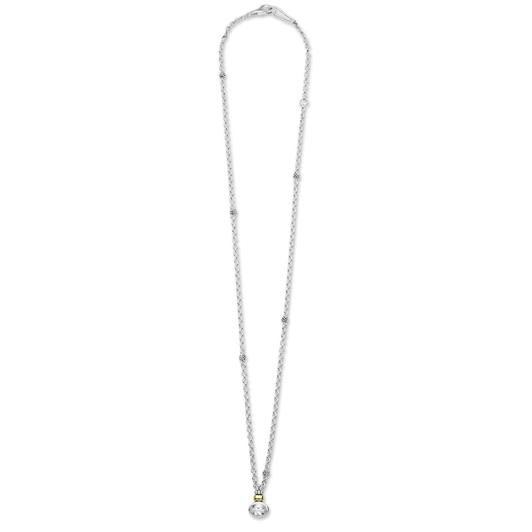 Signature Caviar Two-Tone White Topaz Oval Pendant Necklace featuring a delicate long chain with bead accents and a topaz drop pendant in silver and gold detail.