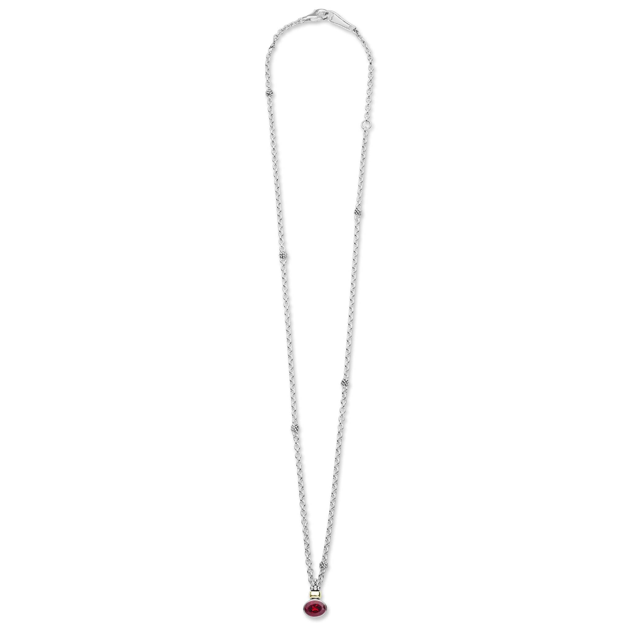 Signature Caviar Two-Tone Garnet Oval Pendant Necklace in sterling silver with 18K gold accents, featuring a bezel-set garnet pendant and delicate chain with caviar beading.